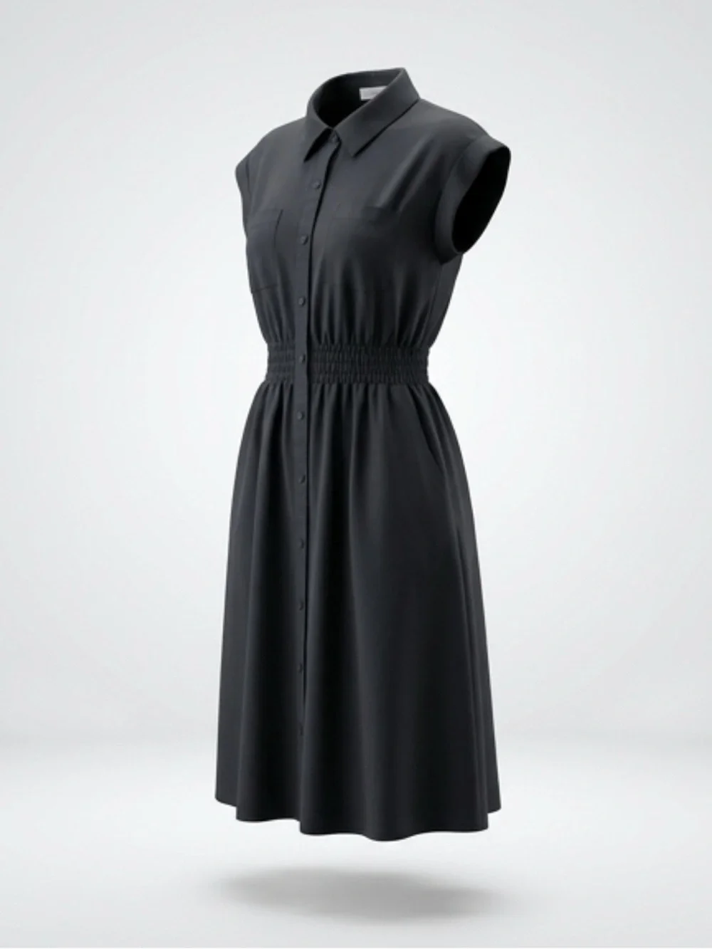 Black Button-Front Shirtdress with Smocked Waist‎
